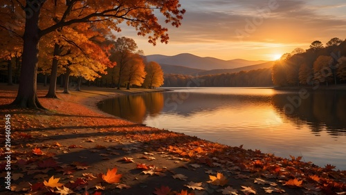 Autumn landscape featuring richly colored fallen leaves stretching toward a reflective lake at sunset, Environment: broad shoreline framed by mature deciduous woodland and softly layered mountain scen