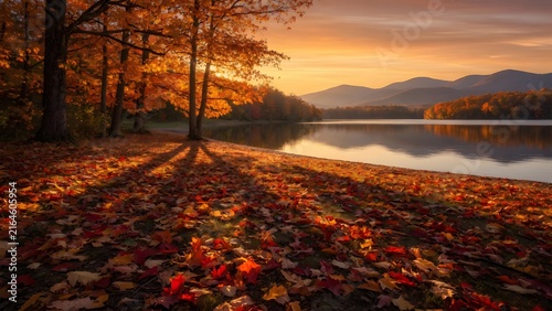 Autumn landscape featuring richly colored fallen leaves stretching toward a reflective lake at sunset, Environment: broad shoreline framed by mature deciduous woodland and softly layered mountain scen