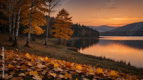 Autumn landscape featuring golden leaves spread naturally across open ground surrounding a quiet lakeside at sunset, Environment: spacious lakeshore with scattered birch and maple trees, distant fores