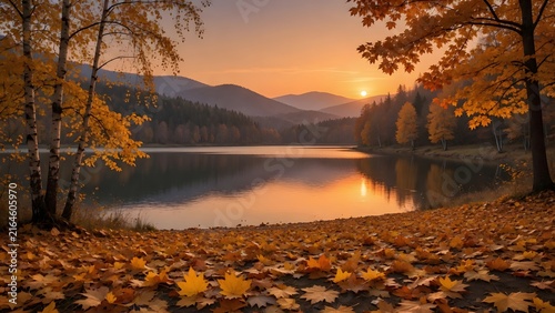 Autumn landscape featuring golden leaves spread naturally across open ground surrounding a quiet lakeside at sunset, Environment: spacious lakeshore with scattered birch and maple trees, distant fores