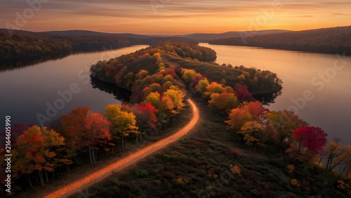 Autumn landscape featuring colorful leaves tracing a winding footpath across a forested peninsula beside a sunset lake, Environment: narrow woodland ridge extending into still water with gentle elevat