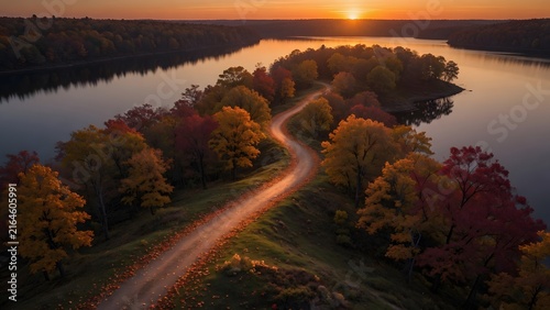 Autumn landscape featuring colorful leaves tracing a winding footpath across a forested peninsula beside a sunset lake, Environment: narrow woodland ridge extending into still water with gentle elevat