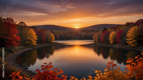 Autumn landscape displaying richly colored leaves surrounding a peaceful lake beneath a glowing sunset sky, Environment: expansive woodland reserve with layered tree canopies, gentle shoreline curves 