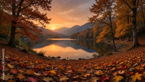Autumn landscape featuring a natural carpet of colorful leaves embracing a tranquil lake at sunset, Environment: quiet woodland lakeshore with scattered mature trees, gently sloping terrain and distan