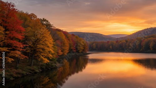 Autumn landscape displaying richly colored leaves surrounding a peaceful lake beneath a glowing sunset sky, Environment: expansive woodland reserve with layered tree canopies, gentle shoreline curves 