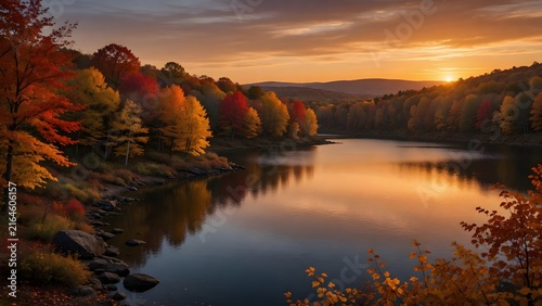 Autumn landscape displaying richly colored leaves surrounding a peaceful lake beneath a glowing sunset sky, Environment: expansive woodland reserve with layered tree canopies, gentle shoreline curves 