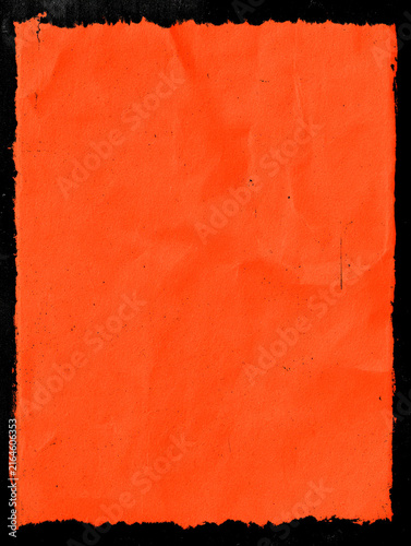 Bright Orange Textured Paper Background with Rough Black Torn Edges