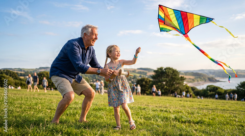 Grandfather and granddaughter flying a colorful kite on a sunny day in a grassy field