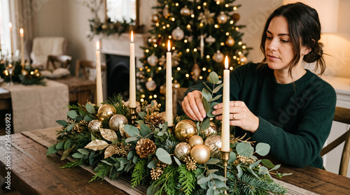 Woman decorating a festive Christmas table centerpiece with greenery and ornaments