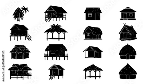 Obraz na plátne Tropical thatched hut silhouette vector set with traditional island bungalow des