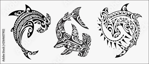Polynesian tribal hammerhead shark vector illustration with traditional ornamental patterns