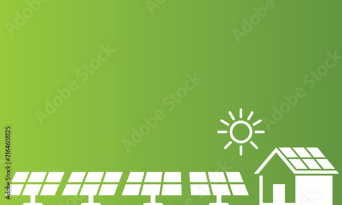 White silhouette illustration of a house with solar panels and a sun icon on a green background