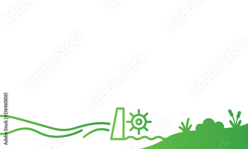 Minimalist green line art illustration of a water mill and rolling hills landscape on white background