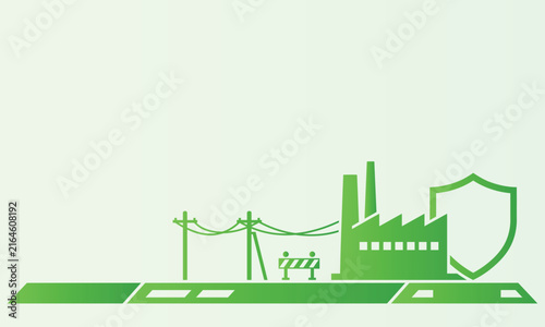 Green factory silhouette with power lines and a shield icon representing industrial safety and sustainable manufacturing