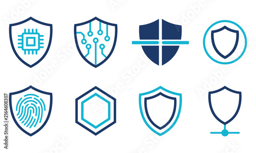Set of digital security and cyber protection shield icons featuring various technology and data privacy concepts