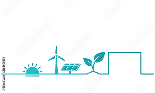 Minimalist line art illustration representing sustainable energy sources and eco friendly living concepts on white background