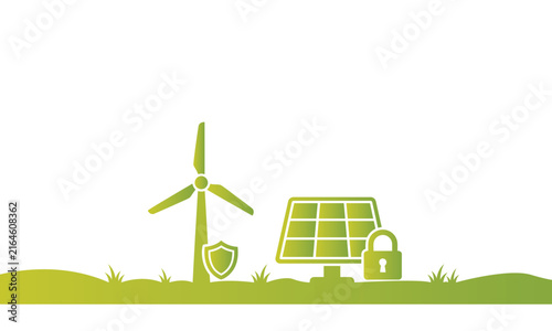 Green energy concept featuring wind turbine and solar panel icons with security padlocks on a white background