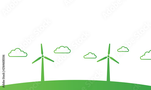 A simple green illustration of wind turbines on a grassy hill with fluffy clouds against a white background