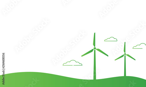 Minimalist green illustration of wind turbines on a grassy hill representing sustainable energy and environmental conservation concepts