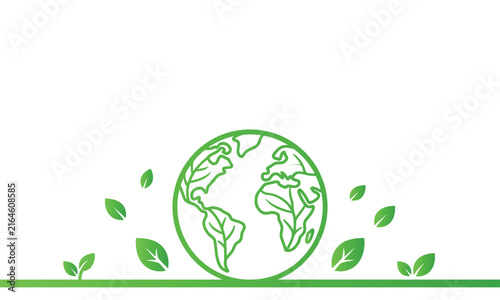 Hand drawn sketch of planet earth surrounded by green leaves representing environmental conservation and global sustainability concepts