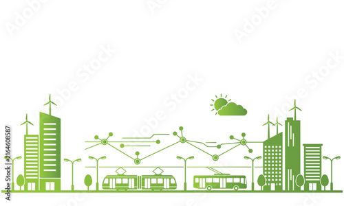 Green eco friendly city skyline illustration with renewable energy sources and sustainable public transportation systems on white background