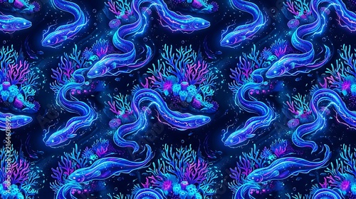 Vibrant neon coral reef with glowing electric eels in deep blue bioluminescent underwater scene