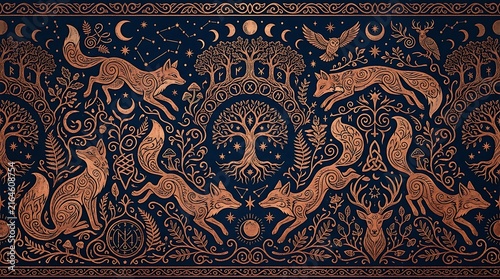 Majestic fox head with ornate floral and mystical forest symbols in dark vintage engraving style