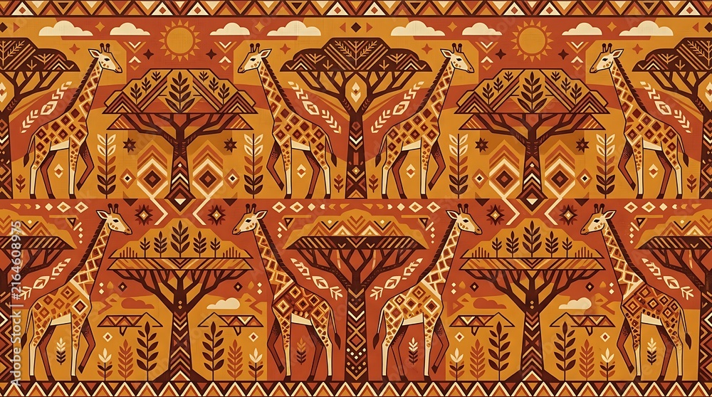 Intricate orange geometric giraffe pattern seamless textile design for fashion and decor