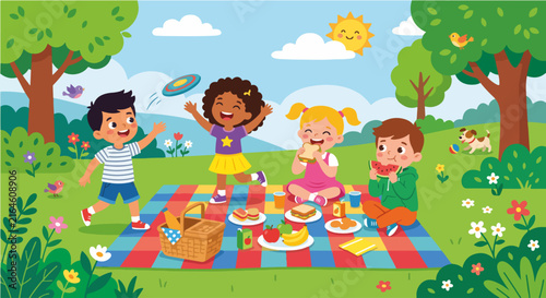 Happy children enjoy a sunny day picnic in the park vector icon illustration with diverse kids eating and playing together outdoors