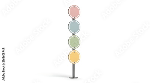 Four pastel colored circles hanging on a metal pole against a white background.