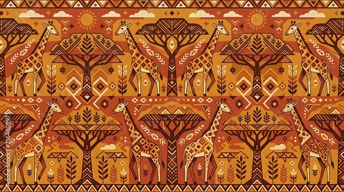 Intricate orange geometric giraffe pattern seamless textile design for fashion and decor
