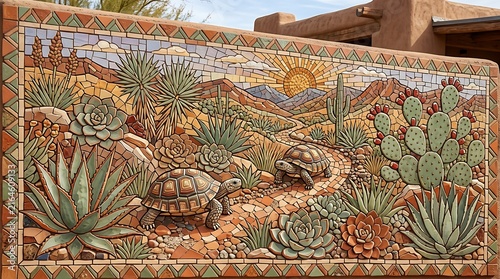 Close-up of vibrant desert tortoise and cactus mosaic art on weathered wooden background