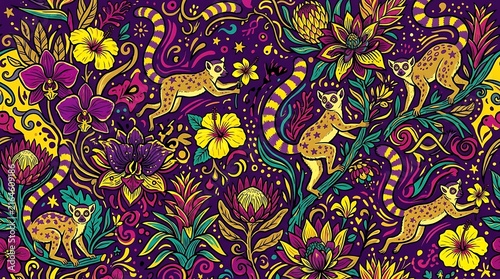 Vibrant lemur and tropical flower seamless pattern for fabric and wallpaper design