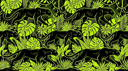 Black panthers camouflaged in dense tropical jungle foliage pattern seamless texture