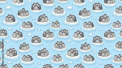 Emperor penguins huddling together on icy Antarctic floes for warmth and survival