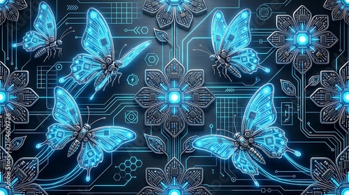 Futuristic robotic butterflies with glowing blue circuits in high-tech digital transformation display