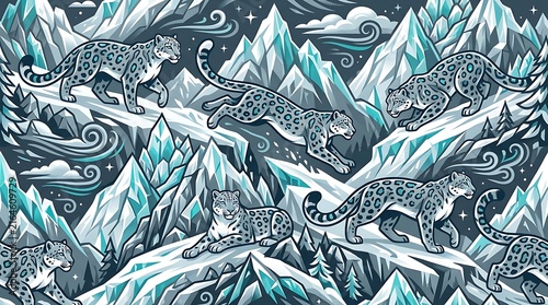 Close-up of snow leopards resting on jagged icy mountain peaks in winter wilderness