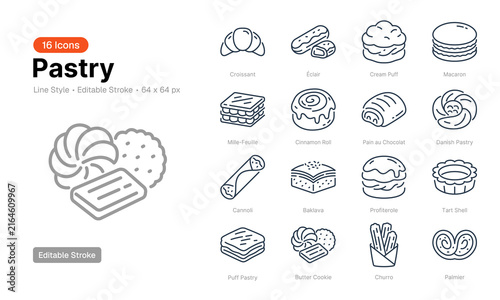Line Art Pastry Icon Set with Croissant Eclair and Macaron for Bakery Branding