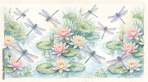 Watercolor dragonflies flying over blooming pink lotus leaves in soft pastel botanical illustration