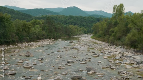 Clear stream flowing through green forests near Mont Perdu range, Aragon