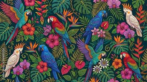 Vibrant tropical parrots perched among colorful exotic flowers in lush foliage