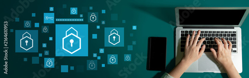 Konstfotografi Secure Data Protection Concept with Laptop and Hands Typing on Keyboard Surrounded by Digital Lock Symbols and Security Icons Haptic