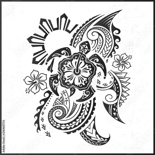 Polynesian tribal sea turtle vector illustration with sun and hibiscus flowers