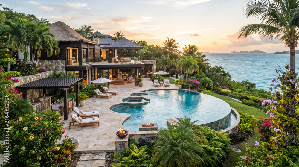 Fototapeta premium Luxury tropical villa with infinity pool overlooking the ocean at sunset.