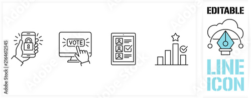 Editable line icon set in a black simple and clean vector outline stroke for online voting, electronic election system, secure digital choice, candidate selection and internet survey poll results.