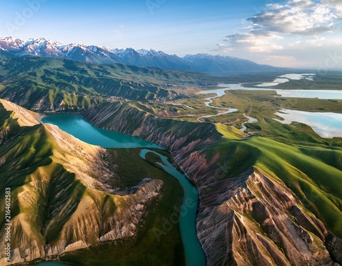 vast landscapes of mountains lakes and rivers unfold in a breathtaking aerial view of the rugged region around the caspian sea