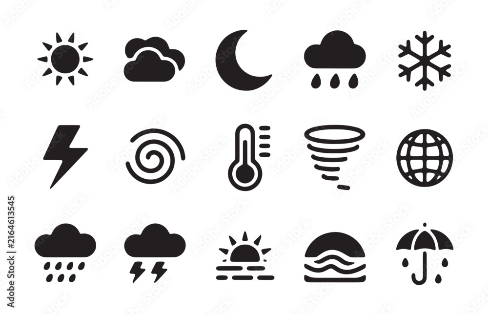 Naklejka premium Weather icon set with sun clouds rain snow storm wind thermometer and thunder in black silhouette.
