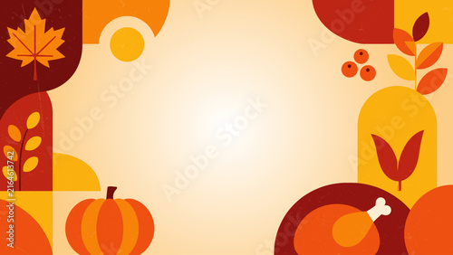 Happy Thanksgiving Day Background with Roast Turkey, Autumn Leaves and Geometric Fall Decorations
