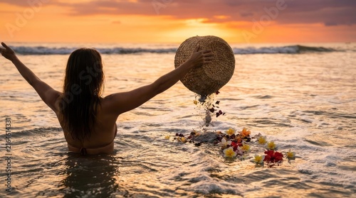 Woman in Water with Flower Basket at Sunset Ocean Sunset Flowers Basket Sea Nature Relaxation. Concept featuring ocean, sunset, flowers, basket, sea for professional commercial design.