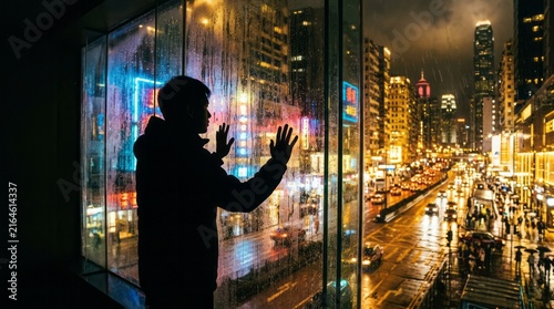 Silhouette of a Person Against Rainy Cityscape Rain Cityscape Night Urban Window Reflection Lights. Concept featuring rain, cityscape, night, urban, window for professional commercial design.